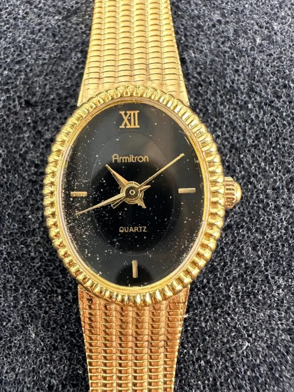 Vintage Armitron Watch Women Gold Tone Black Oval Dial 17MM New Battery 8
